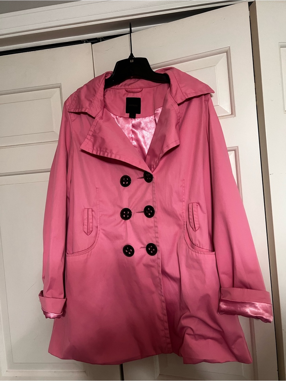 Express Pink Double-Breasted Trench Coat with Black Buttons